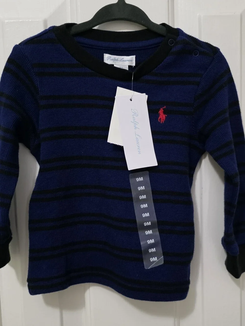 Ralph Lauren Navy & Black Striped Long Sleeve Knit Top with Red Polo Pony